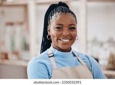 Supermarket, grocery store and portrait of happy black woman for service in eco friendly market. Small business, organic shop and face of manager smile for groceries, goods for natural food products