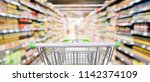 supermarket shelves aisle with empty shopping cart defocused interior blur bokeh light background