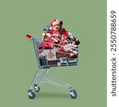 Supermarket shopping cart full of gifts and copy space, Christmas shopping concept