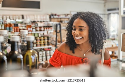 Supermarket, Shopping Local And Sustainability, Woman Buying Luxury Food Product In Support Of Eco Friendly Small Business. Grocery Store With Low Carbon Footprint For Healthy Sustainable Lifestyle.