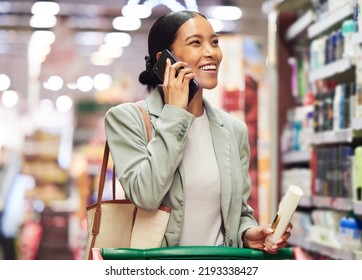 Supermarket Store Customer Talking On Phone Shopping And Searching Local Retail For Healthy, Wellness And Personal Hygiene Shampoo. Smile And Happy Woman Looking At Routine Grooming Products For