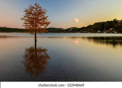 Supermoon in November 2016 reflection off Sandy Creek Arm of Lake Travis viewed from Jones Brother's Park in Jonestown, Texas, USA.