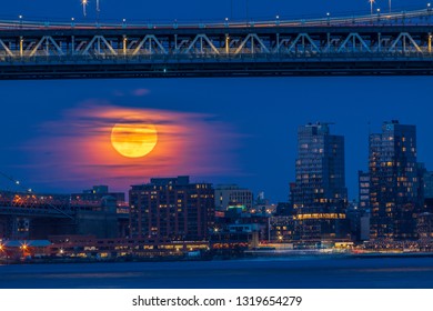 Supermoon Is Rising Over Williamsburg Bridge.