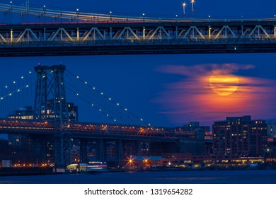 Supermoon Is Rising Over Williamsburg Bridge.