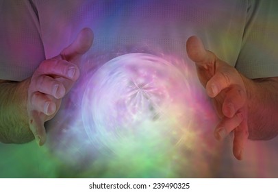 Supernatural Energy Form - Male Healer With Extraordinary Ball Of Misty Sparkling Energy Between His Hands