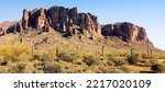 Superstition Mountain dominates this range of mountains in Arizona east of the Phoenix Metro Area.  A popular recreation destination  Superstition Mountain gets it