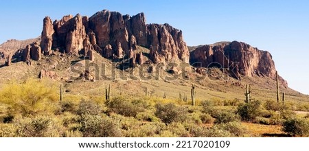 Superstition Mountain dominates this range of mountains in Arizona east of the Phoenix Metro Area.  A popular recreation destination  Superstition Mountain gets it's legend from the Lost Dutchman mine
