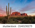 The Superstition Mountains at sunset in Lost Dutchman State Park, Arizona