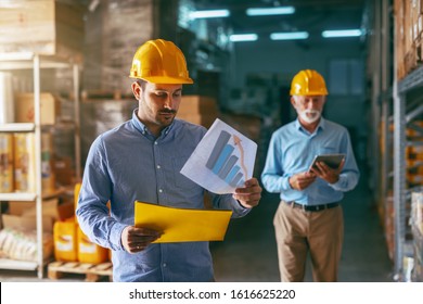 Supervisor holding folder with charts and analyzing sales while standing in warehouse. In background older warehouse man using tablet. Warehouse interior.