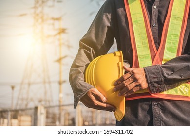 Supervisor Holding White Hat Safety Hard Hat Sunlight Background