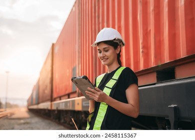 Supervisor inspecting inventory or task information on freight train cars and shipping containers. This pertains to logistics, including the import and export sectors.