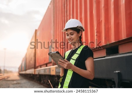 Supervisor inspecting inventory or task information on freight train cars and shipping containers. This pertains to logistics, including the import and export sectors.