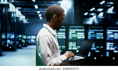 Supervisor monitoring crypto mining supercomputers solving complex mathematical equations. Admin in server farm hosting blockchain technology high volume real time transactions