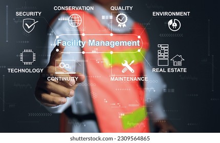 Supervisor in reflective jacket pointing to a facility management wording. Real estate maintenance management concept.