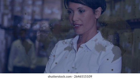 Supervisor wearing white shirt pants crossing arms in warehouse aisle, with map overlay, copy space. Industrial, logistics, data, analytics, corporate, professional, modern