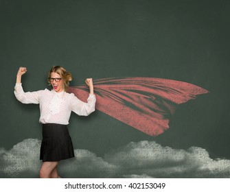 Superwoman Nerd Geek Teacher Student In Blackboard Drawing Cape Successful Confident Transformation Space