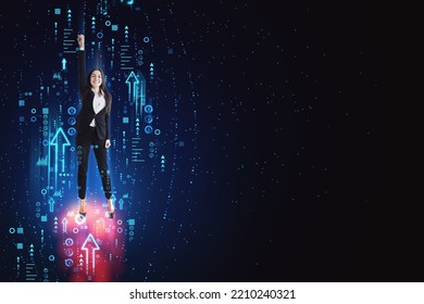 Superwoman And Success Concept With Confident Businesswoman Raised Hand In Digital Rocket Made By Arrows And Symbols On Blank Dark Background With Place For Your Poster Or Advertising Text, Mock Up