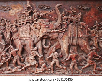 Suphan Buri, Thailand - May 08, 2016: Wood Carvings Depicts King Naresuan In The Elephant-back Battle With The Crown Prince Of Burma At Don Chedi Memorial.