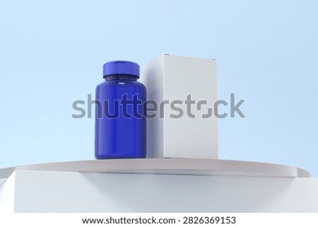 Supplement blue cap and plastic bottle with paper box_sky minimalist showcase low angle hero view 3d rendering