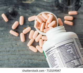 Supplement Facts, Closeup Of A Bottle Of Vitamins