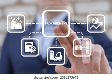 Supplier using virtual touch screen presses word: PROCUREMENT. Concept of procurement. Product procurement management. Supply Chain Retail. Supplier and delivery goods logistic service.