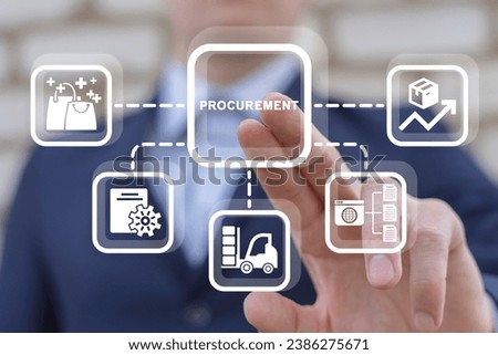Supplier using virtual touch screen presses word: PROCUREMENT. Concept of procurement. Product procurement management. Supply Chain Retail. Supplier and delivery goods logistic service.