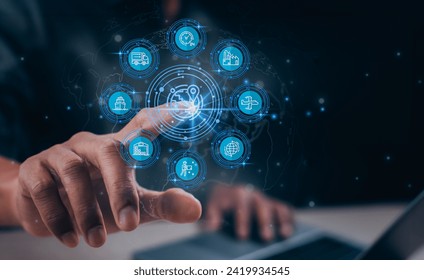 Supply chain and logistic network global business on the virtual screen interface. Relationships global network transportation business technology and logistics insurance online concept.