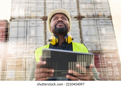 Supply Chain Logistics, Futuristic Digital Transformation And Black Man With Tablet In Shipping Industry. Technology Software Innovation, Big Data Automation And Distribution Inventory Online Future