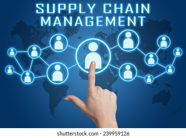Supply Chain Management concept with hand pressing social icons on blue world map background.