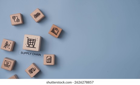 Supply Chain Management concept. Wooden blocks supply chain icons, Data for global logistics network, efficiency, optimization, integration. Cargo ships, containers, industrial trucks