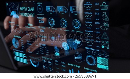 Supply chain management interface showing delivery routes, warehouse efficiency, cost savings, vehicle tracking, procurement ROI, and contract stages. Futuristic supply chain monitoring system. Thunk