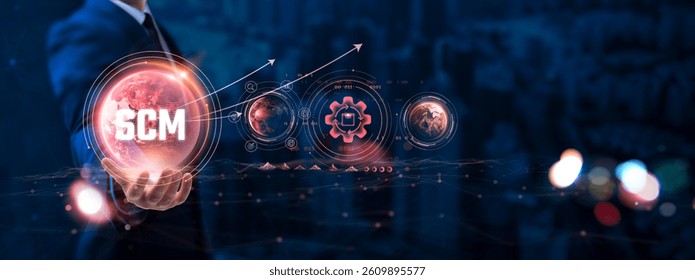 
Supply Chain Management (SCM): Businessman hand holding globe with network connecting data of digital technology, efficiency, visibility, collaboration, optimization.