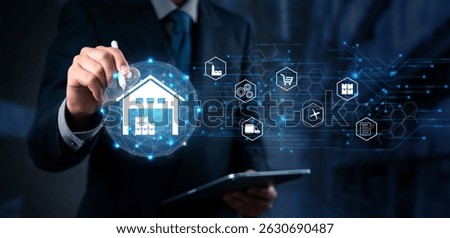 Supply chain and smart warehouse control with delivery system, e-commerce logistics, digital tracking, and cloud-based inventory. Innovative technology and global shipping connection.