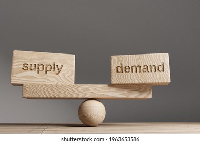 Supply and demand balance concept. Wooden cube block with words Supply and demand on seesaw.