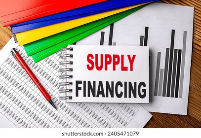 SUPPLY FINANCING text on a notebook with pen, folder on a chart background