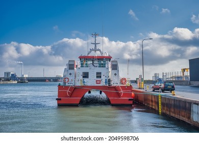 Supply Ship For Bringing Workes To Wind And Oil Filds In The North Sea, Esbjerg Denmark