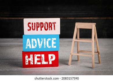 Support, Advice and Help Concept. Colored wooden blocks in a pile and stairs.
