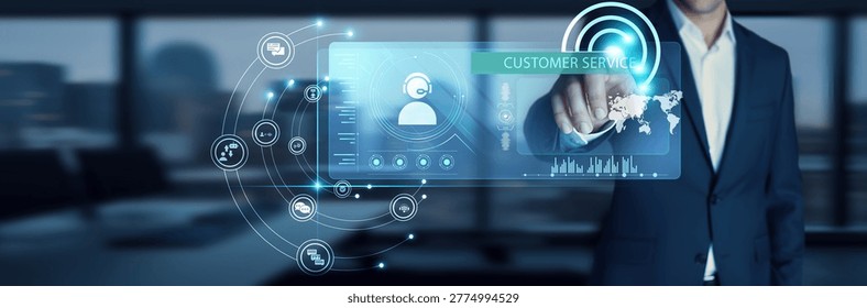 Support agent touching start button on modern interface to business target Customer Service. Assisting clients. Queries, problem-solving, chat support, response efficiency, client experience.