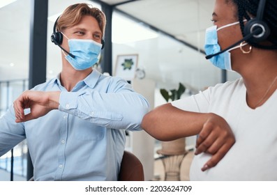 Support, Call Center And Covid With Employees And Face Mask With Telemarketing, Customer Service And Consulting Company. Social Distance, Virus And Pandemic With Customer Support Or Sales Consultant
