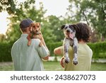 Support, care or happy family, men and kids bonding with foster puppy or pet and enjoying time together. High quality photo