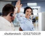 Support, colleagues with headset and at their desk of a modern workstation office. Collaboration or teamwork, happiness or call center agents and coworkers celebrating for achievement together