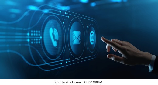 Support concept. Human Hand Touching Futuristic Virtual Screen with Contact us Customer hotline icon - Powered by Shutterstock