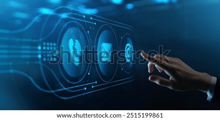 Support concept. Human Hand Touching Futuristic Virtual Screen with Contact us Customer hotline icon