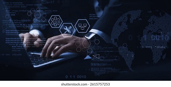 IT support, customer service concept. Computer engineer, technician coding on laptop computer connection with big data storage as backgrounds, digital technology, database, data management