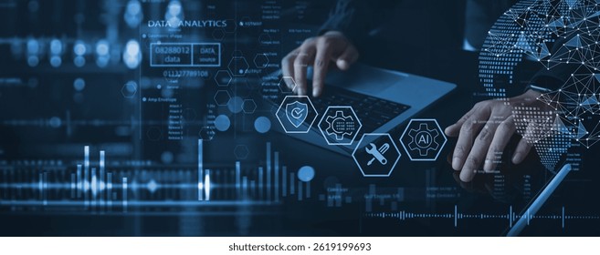 IT support, customer service concept. Computer engineer, technician coding on laptop computer connection with big data storage as backgrounds, digital technology, database, data management
