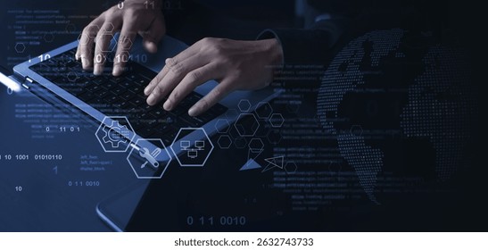 IT support, customer service concept. Computer engineer, technician coding on laptop computer connection with big data storage as backgrounds, digital technology, database, data management