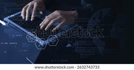 IT support, customer service concept. Computer engineer, technician coding on laptop computer connection with big data storage as backgrounds, digital technology, database, data management