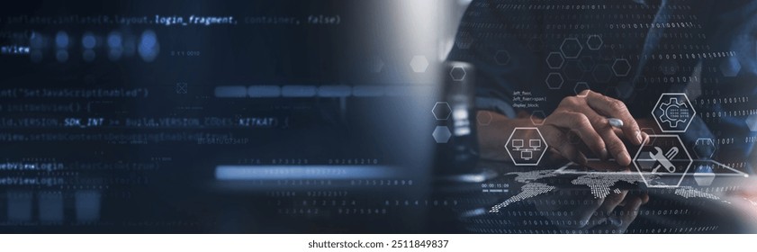 IT support, digital technology. Technical support customer service. Software engineer using digital tablet with customer support and problem solution, digital system service, technology background