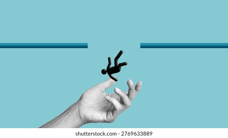 Support during failure concept with hand catching falling human figure, help after mistake, recovery, trust, teamwork and emotional support metaphor