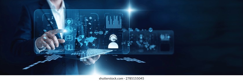 Support expert pro. Agent hand touch ticket customer service working on tablet, resolving issues and queries fast. Delivering high quality support through customer service systems now.